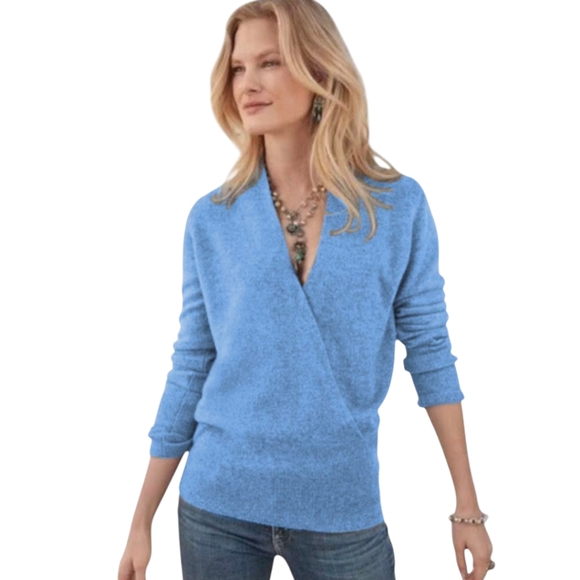 Sundance Eva 100% Cashmere Heather Blue Wrap Front Knit Sweater Women's Sz S - Picture 1 of 7